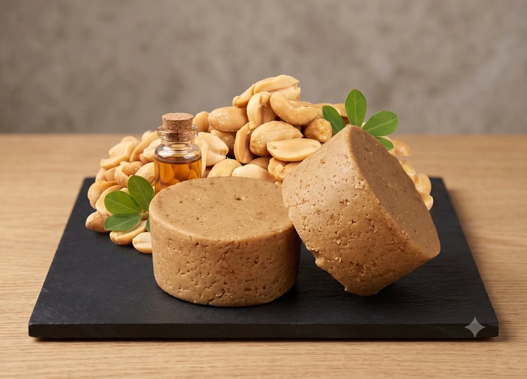 Cashew butter cookies displayed on a black slate plate with whole cashews, cashew oil, and fresh mint garnish