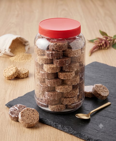 Glass jar filled with cinnamon sugar cookies with red lid, displayed on slate board with wooden surface