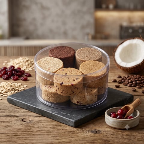 Clear container of assorted cookies on black platform with ingredients like oats, coconut, coffee beans, and berries arranged on wooden surface